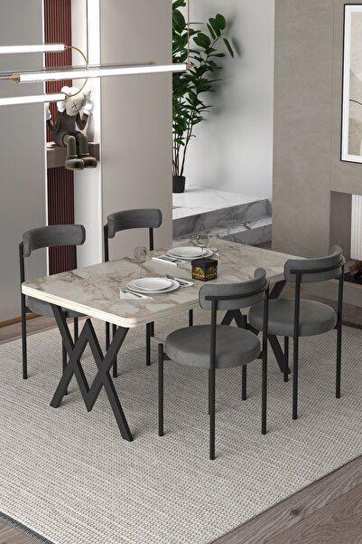 Cosargroup Ege 4 Kişilik Mutfak Masa Takımı -Antrasit Kumaş 70x110 WYemek Masası