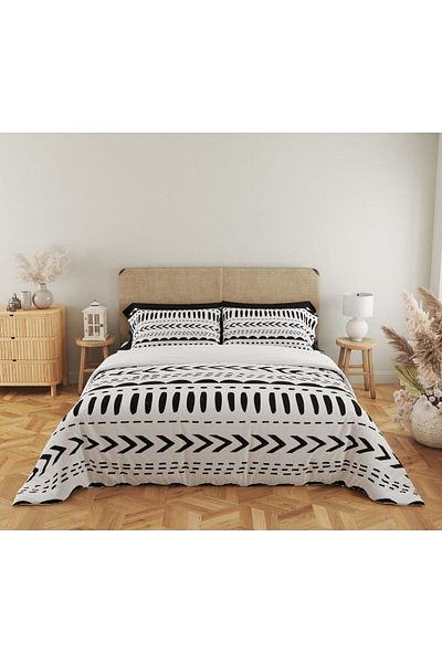 Evmila Model Geometric Imprimat Dublu 200x220 Cm 2 Bucuri 50x70cm Set Pilomă - Alb