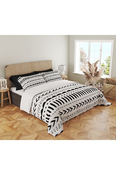 Evmila Model Geometric Imprimat Dublu 200x220 Cm 2 Bucuri 50x70cm Set Pilomă - Alb