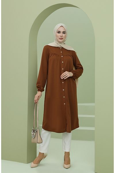 sefamerve Tan Tunic - Buttoned and Gathered, Model 4042-07