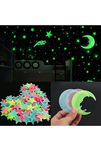 LEDONLİNE 50 Adet Yeşil Renk Fosforlu Yıldız Gülen Ay Duvar Tavan Süsleri Çocuk Odası