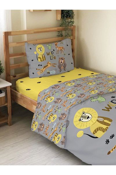 Evmila Double Sided Animal Patterned Set of 2 Without Sheets Printed Single Duvet Cover Set Gray