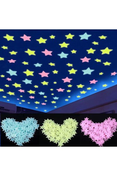 LEDONLİNE 50 Adet Yeşil Renk Fosforlu Yıldız Gülen Ay Duvar Tavan Süsleri Çocuk Odası