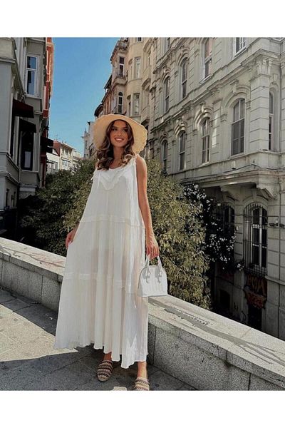 AlyaTeks White Maxi Strappy Lined Scalloped Dress