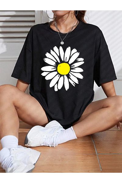 DAXİS Sportwear Company Daisy Printed Women's Oversize T-Shirt - Crew Neck