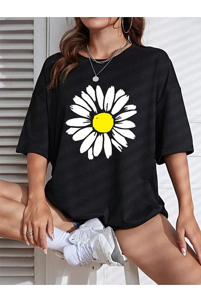 DAXİS Sportwear Company Daisy Printed Women's Oversize T-Shirt - Crew Neck