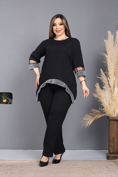 HÜLYA BUTİK WOMEN'S BLACK SKIRT AND STRIPED POINT PANT SUIT