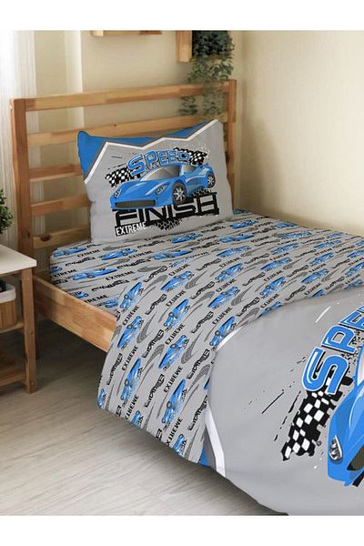 Evmila Double Sided Blue Sports Car Patterned Elastic Printed Single Duvet Cover Set Gray