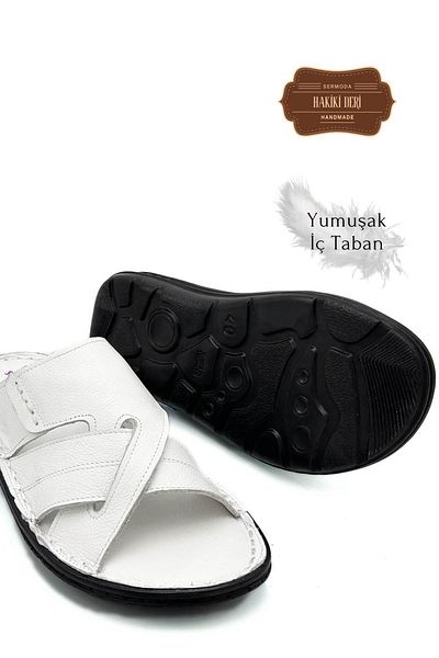 Moda Anna Light Leather Men's Slippers - Genuine Genuine Leather, G Şır Beyaz