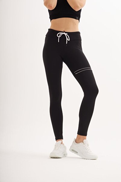 cervus Λεπτομερές ελαστικό και συσφιγκτικό αθλητικό κολάν με λευκή γραμμή, μαύρο