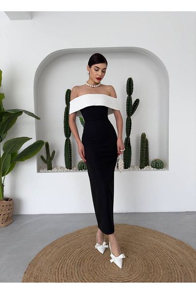 ALBATROS BUTİK Black and White Midi Dress - Zippered Atlas Fabric