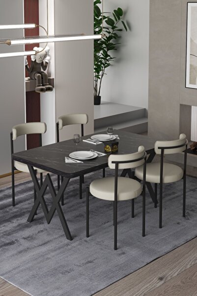 Cosargroup Ege 4 Kişilik Mutfak Masa Takımı -Krem Kumaş 70x110 W Mutfak Masası Ege Sandalye Krem Kumaş