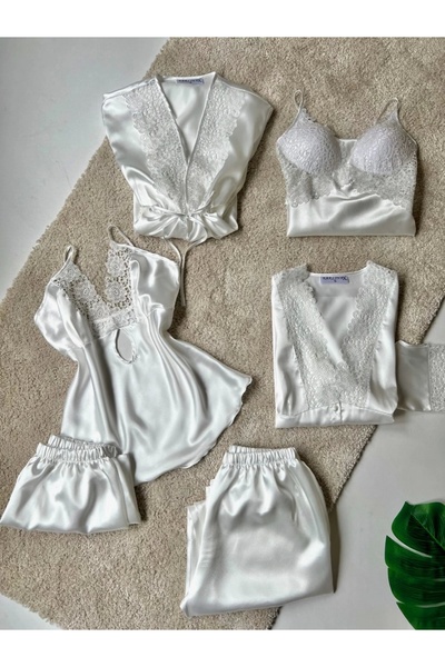 KARLİNAX Ekru Güpür Detaylı 6’lı Saten Gecelik Sabahlık Set