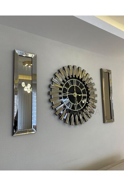 QUAL 3’lü Bronz Renk 83 cm Piyano Saat ve 25x90 cm Aynalar set