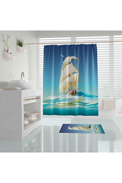 Zethome مجموعة سجادة حمام السفينة وستارة دش بجناح واحد مقاس 1 × 180 × 200