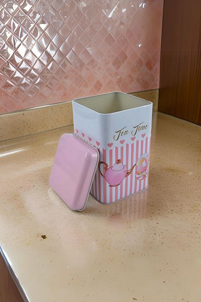 EVLE Ef022-e6 Sprinkles Tea Time Patterned Square Metal Storage Container 11x11 Cm