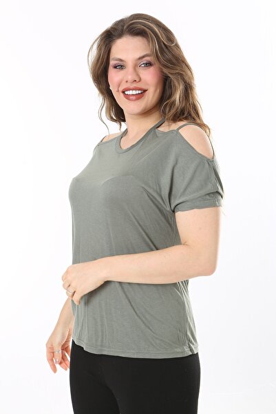 Şans Plus Size Khaki Blouse - Shoulder Low-cut 65N38047