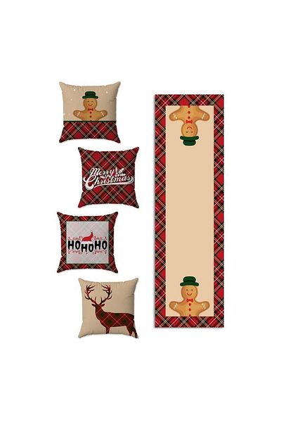 Evmila New Year's Themed 4-Piece Throw Pillow Cover and Runner 5-Piece Set