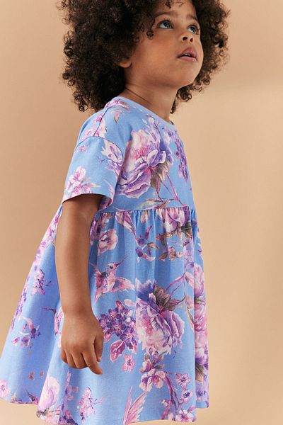 Next Baby 100% Cotton Blue Floral Short Sleeve Dress
