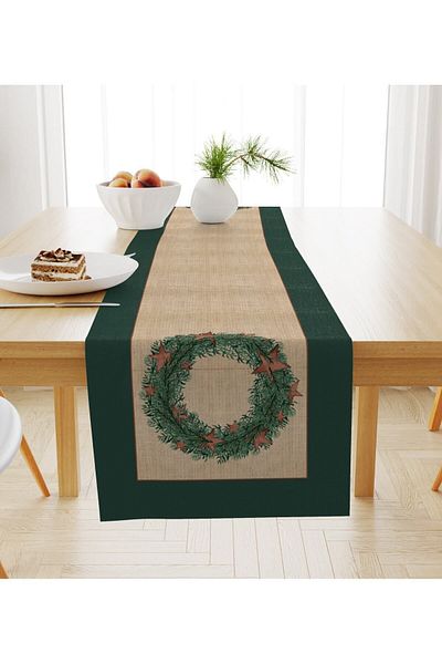 Evmila Christmas Themed Wreath Patterned Velvet Runner