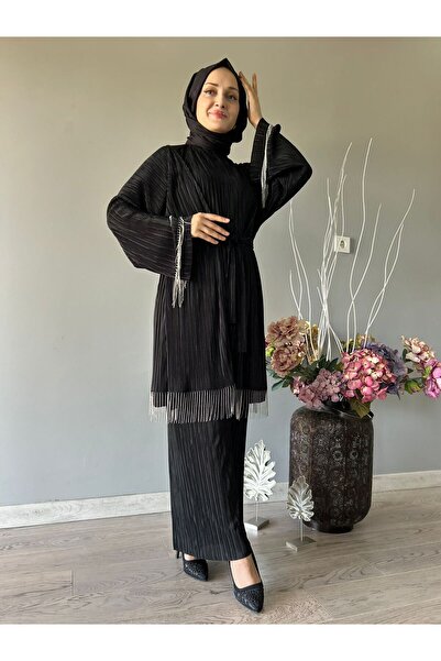 AYSUN AYDEMİR قماش أكورديون - طقم كيمونو مزدوج بشراشيب فضية