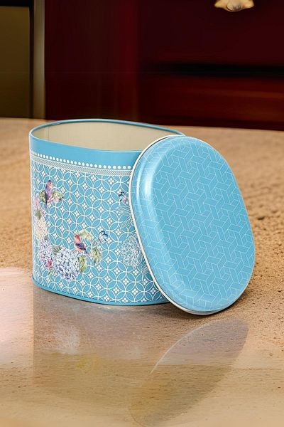 EVLE Ef004-d9 Blooming Blue Patterned Oval Metal Storage Container 11x15 Cm