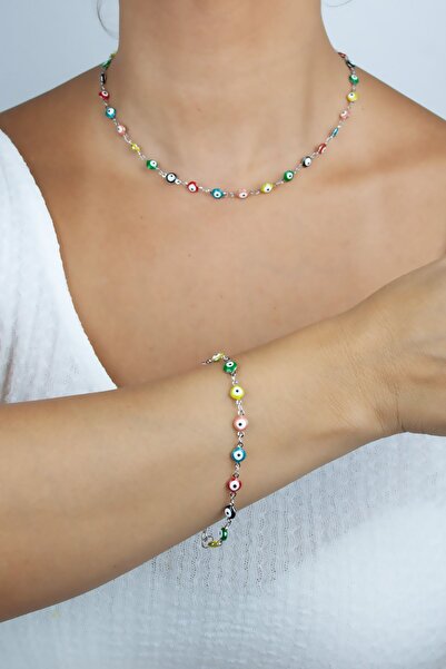 Liveyn Design Renkli Nazar Boncuklu Çelik Kolye Bileklik Set