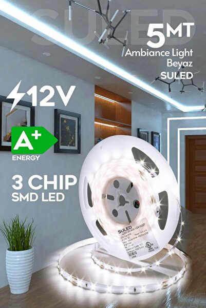 SULED Şerit Led 5 Metre Beyaz Işık 3 Çipli Pro Ambiyans Aydınlatma Mutfak Salon Yatak Odası Led Işık