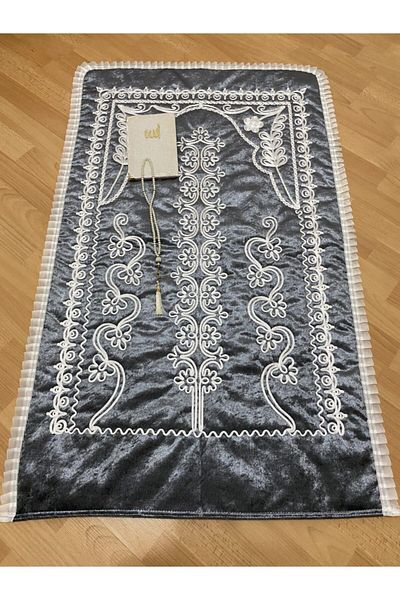 AYHANHOME Anthracite Velvet Prayer Rug 3 Piece Dowry Bundle Bride Groom Set
