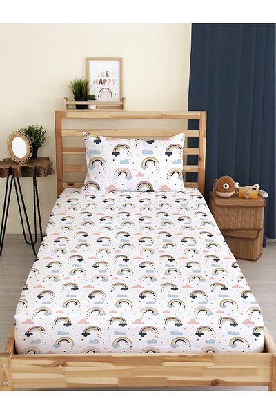 Evmila White Single Rainbow Patterned Sheet Set - 100X200 cm Elastic