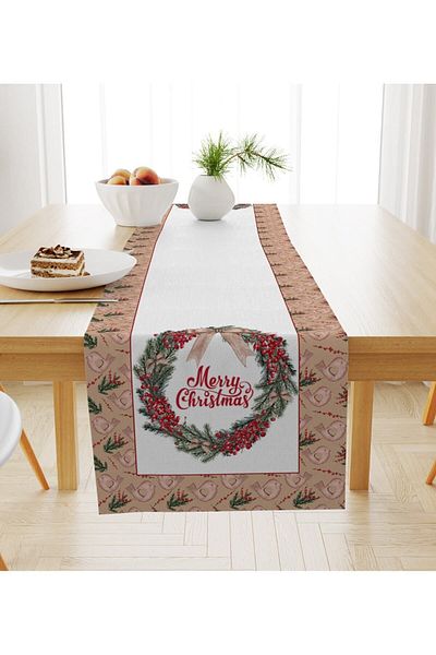 Evmila New Year's Themed Wreath Patterned Merry Christmas Written Velvet Runner