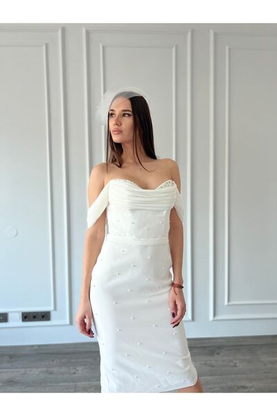 Nişantaşı Abiye Ekru Düşük Kol Inci Detaylı Midi Boy Abiye&mezuniyet