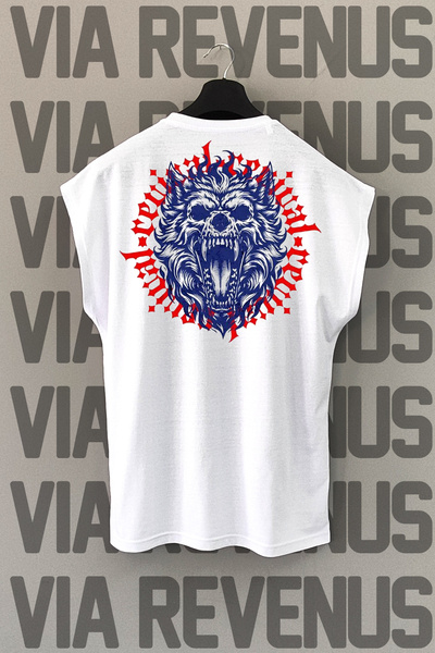 Vordevia Tricou sport alb - imprimat pe spate lup cu mâneci zero