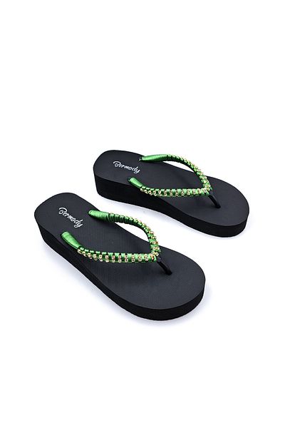 Bermody Green Stone Wedge Sole Women's Beach Slippers - Flip Flops