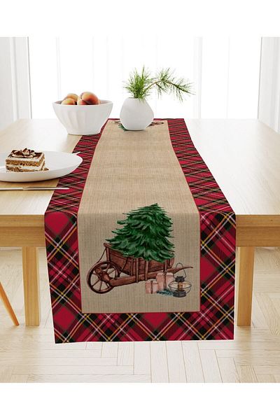 Evmila Christmas Themed Tree Patterned Velvet Runner