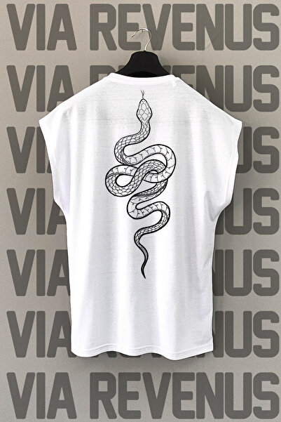 Vordevia Tricou sport alb - imprimat pe spate cu șarpe, mânecă zero