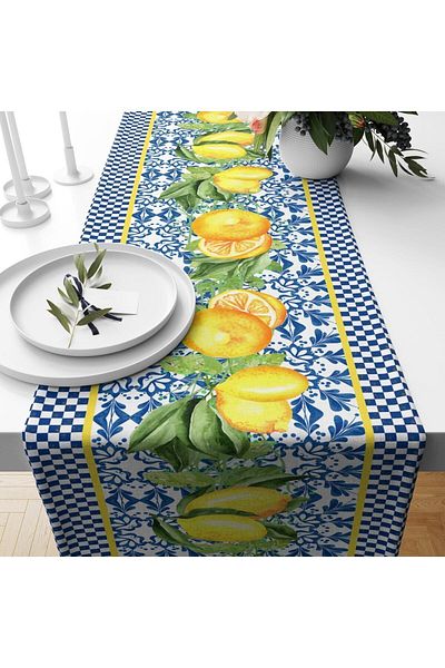 Evmila Blue Gingham Lemon Pattern Velvet Runner