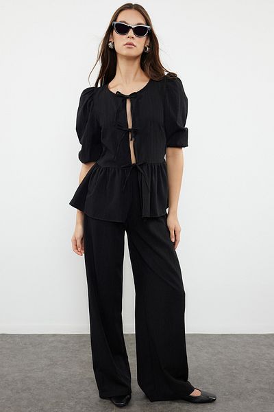 Trendyol Collection Black Textured Fabric Lacing Detailed Balloon Sleeve Woven Blouse-Pants Set Twoss24Au00143
