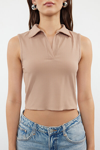 Trendyol Collection Πλεκτή μπλούζα Polo Neck Ribbed Mink - TWOSS22BZ0335