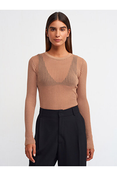 Dilvin 10355 Прозрачен пуловер с велосипедна яка - камел