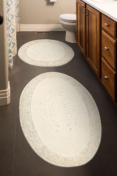 İva Home Collections Tiffany Oval Σετ 2 Βαμβακερών Καθισμάτων Τουαλέτας, Κρεμ Σετ Πατάκι Μπάνιου