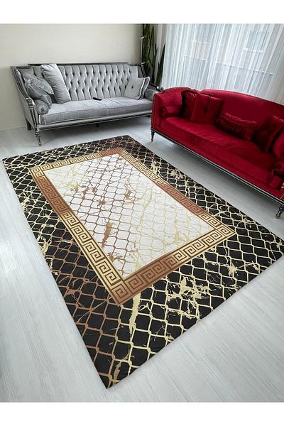 Madame Clean Home Husa de covor din catifea elastica model carouri negru de lux