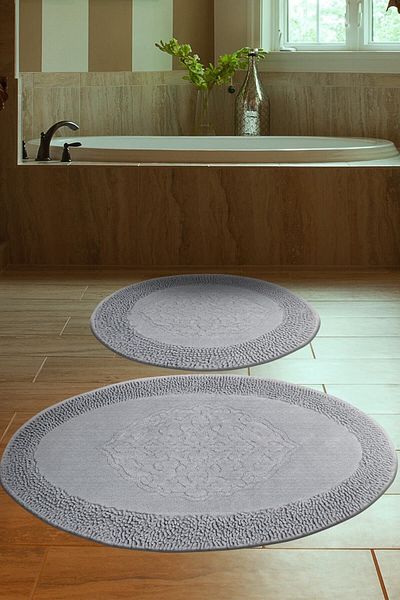 İva Home Collections Tiffany Oval Σετ 2 βαμβακερών καθισμάτων τουαλέτας Γκρι Σετ πατάκι μπάνιου