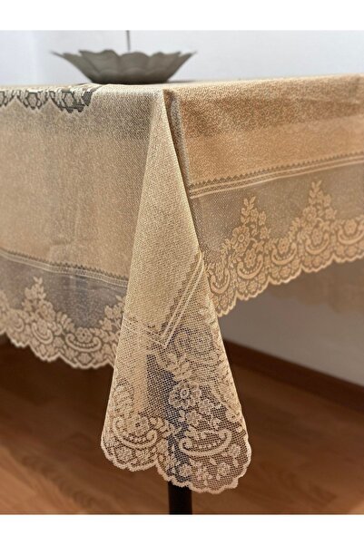 Madame Clean Home Çini Desenli Dertsiz Leke Tutmaz Dantelli Masa Örtüsü Sütlü Kahve 160x220 Cm