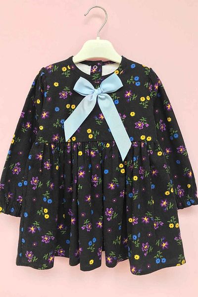 Bertuğ Bebek Flannel Black Floral Pattern - Girl's Seasonal Winter Dress