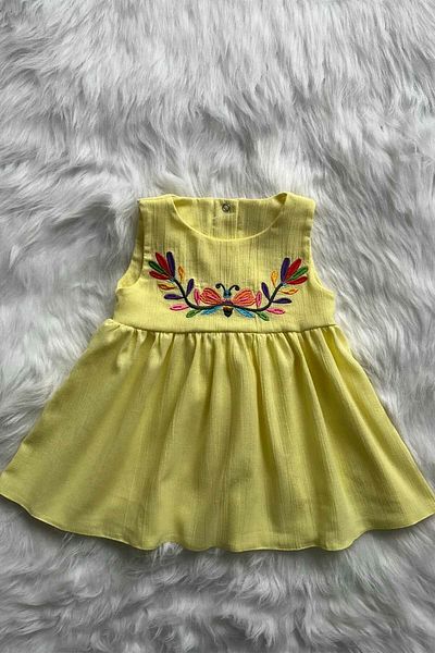 Bertuğ Bebek Yellow Embroidered Sile Cloth - Baby Girl Summer Cotton Dress