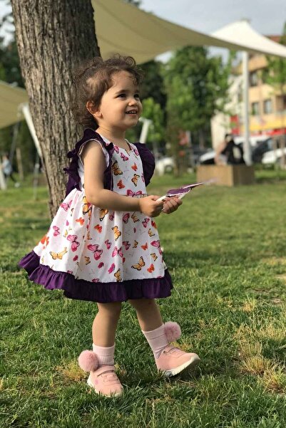 Bertuğ Bebek Fırfır Ve Su Taşı Detaylı Kelebek Desenli Kız Çocuk Bebek Elbise