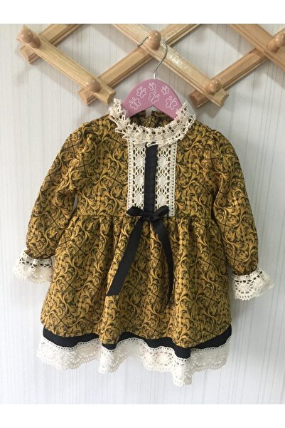 Bertuğ Bebek Dantel Ve Kurdele Detaylı Brokar Özel Tasarım Kız Çocuk Bebek Elbise