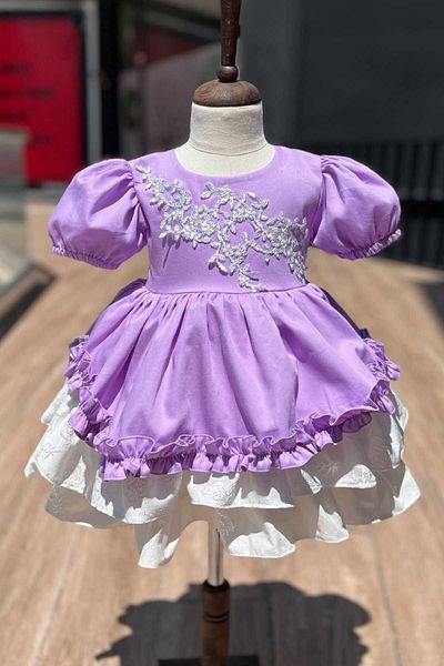 Bertuğ Bebek Rochie de seara pentru fetita din satin de bumbac liliac cu detaliu guipura si volane