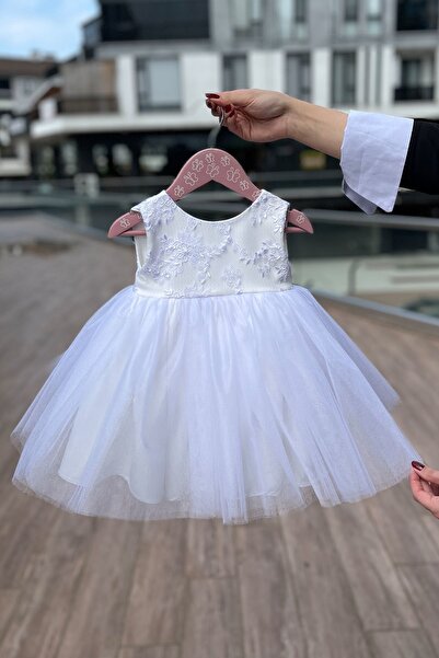 Bertuğ Bebek Dantelli Kristal Tül Akasya Beyaz Gelinlik Kız Çocuk Bebek Düğün...